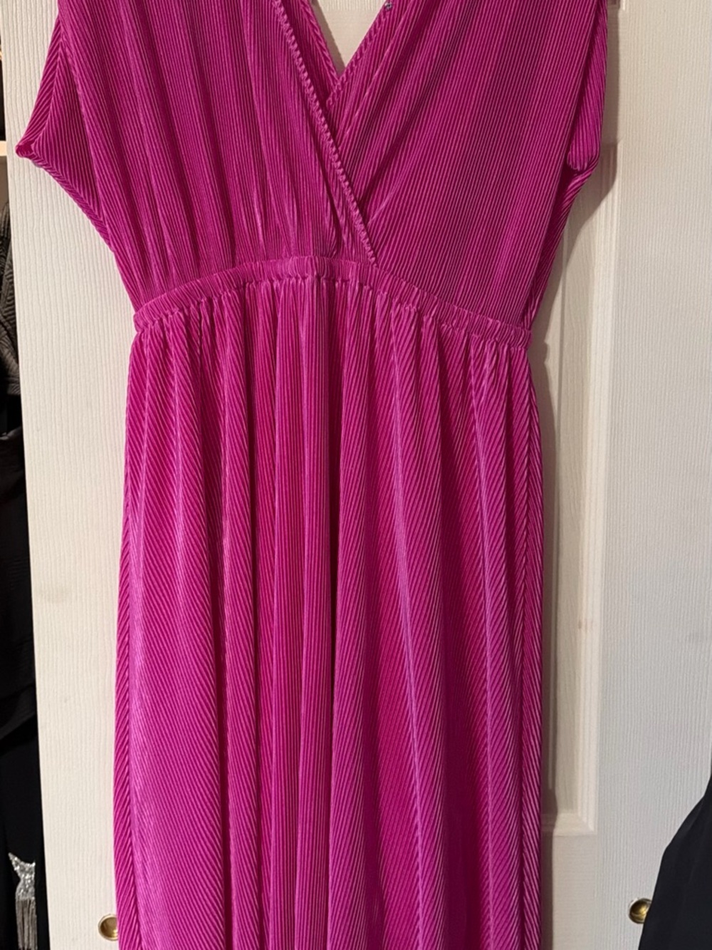 Fuchsia Pleated V-Neck Dress